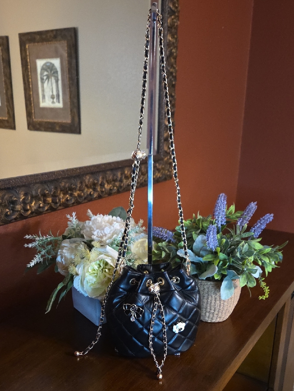 Black Quilted Bucket Bag with Floral Pins - Picture 5 of 14